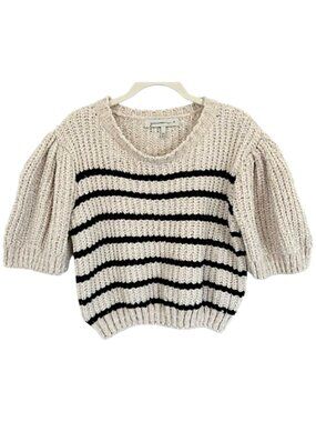 Designer Inspired Striped Puff Sleeve Cropped Sweater Cream/Black M Soft Knit